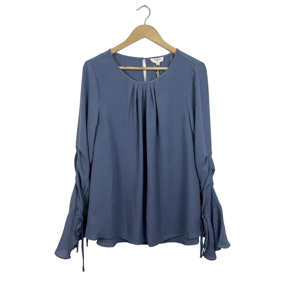 Umgee Blouse Top Women’s Size S Blue Unique Laced Sleeves Cotton Blend Boho Chic